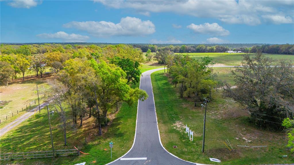 An aerial view shows a paved road curving through a grassy, tree-lined rural landscape — 5543 PANORAMIC VIEW DRIVE, APOPKA, FL