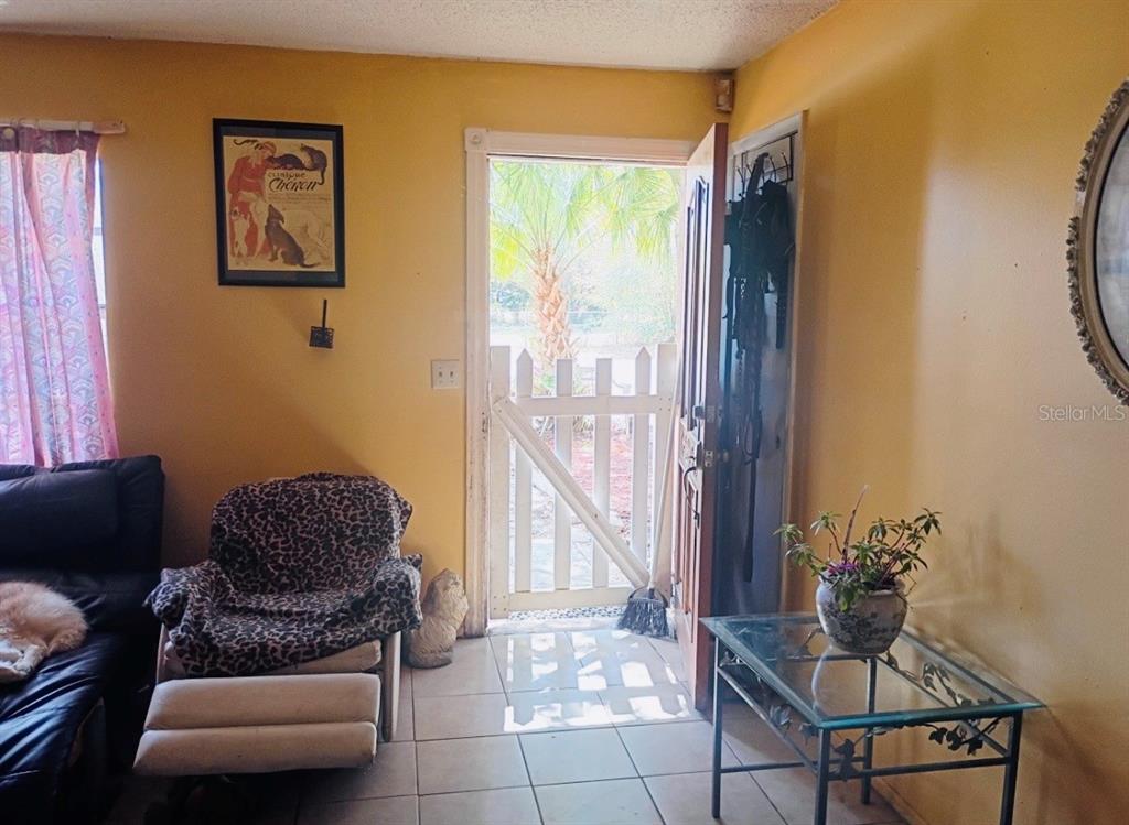 A living room with yellow walls, tile flooring, a leopard-print chair, and an open door — 27043 ROPER ROAD, BROOKSVILLE, FL