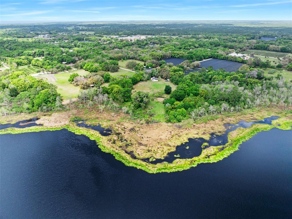 An aerial view shows a house situated on a grassy lot bordering a large lake — 141 N PINE STREET, PIERSON, FL