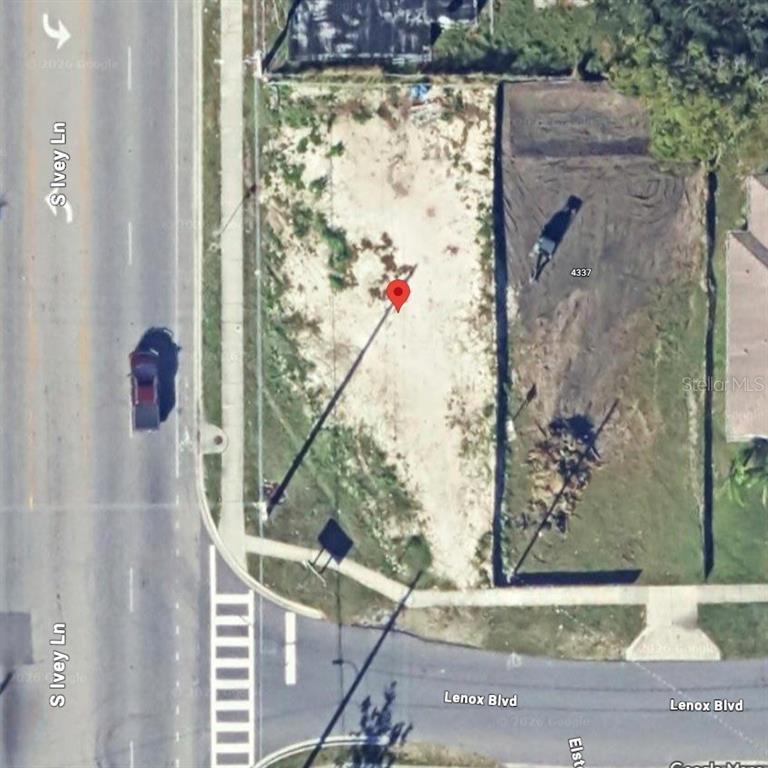 This aerial map view shows a vacant rectangular lot at a street intersection — 4341 LENOX BOULEVARD, ORLANDO, FL