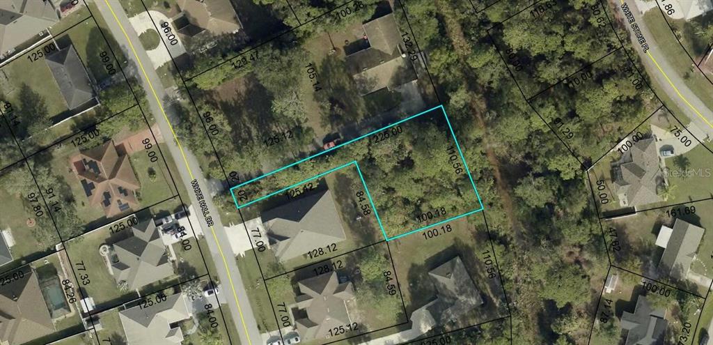 This is an aerial map showing a vacant residential lot outlined in blue — 45 WHITE HALL DRIVE, PALM COAST, FL