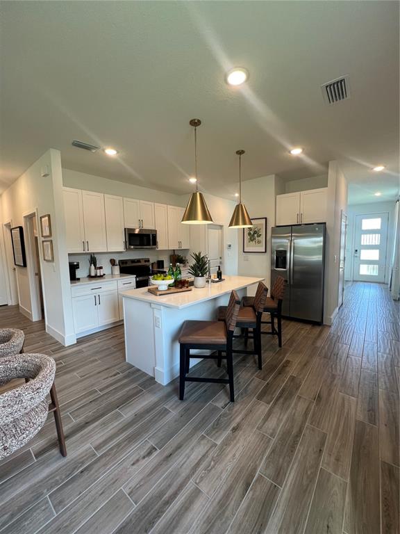 A modern kitchen features white cabinetry, a central island with bar stools, and wood-look flooring — 280 ELENA LAVIN CIRCLE, ORLANDO, FL