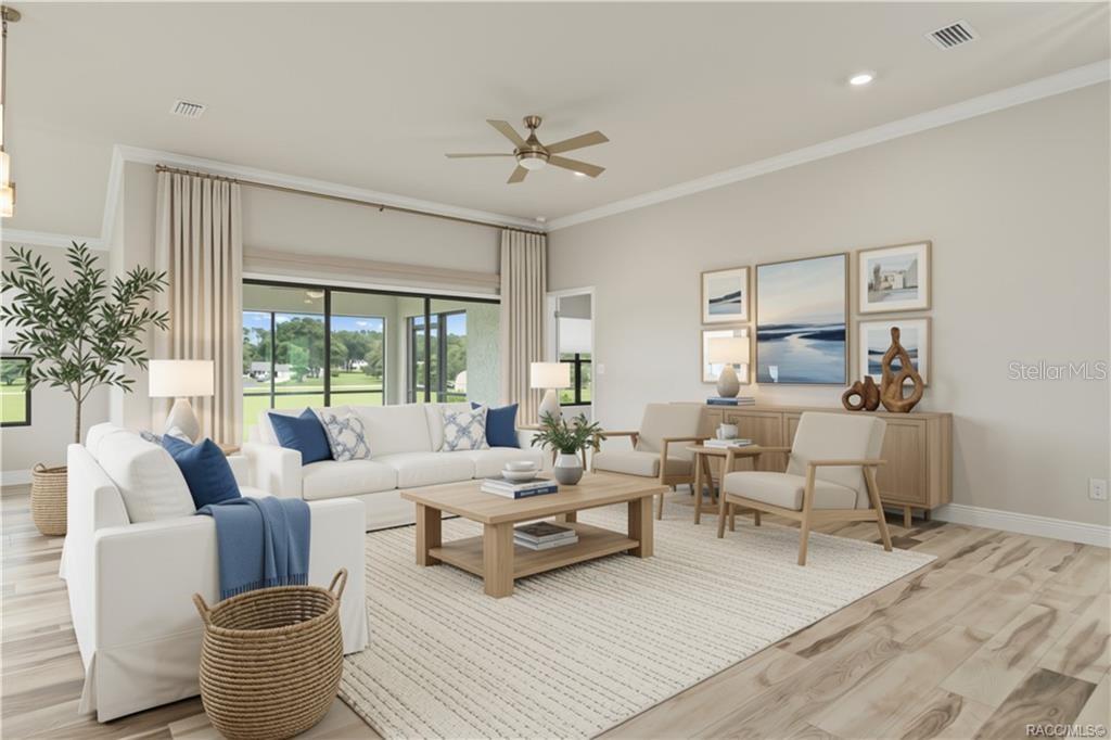 This rendering shows a bright living room with white sofas, wood furniture, and large windows — 295 E CUMBERLAND COURT, HERNANDO, FL