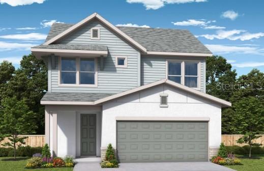 A two-story house with blue horizontal siding, a white stucco facade, and a paved driveway — 31051 PENDLETON LANDING CIRCLE, WESLEY CHAPEL, FL