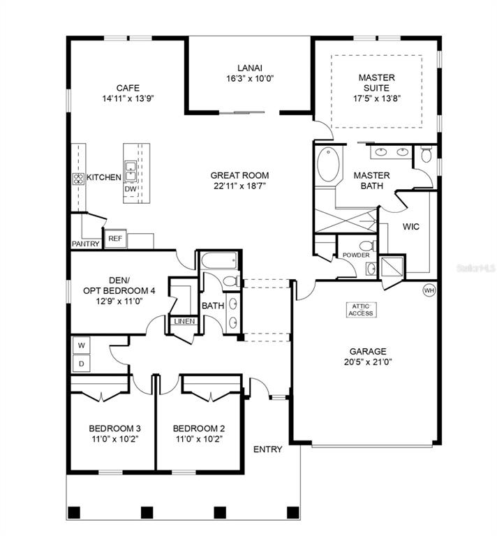 This is a floor plan for a single-story home featuring four bedrooms and a garage — 30280 W BLUEBELL AVENUE, EUSTIS, FL