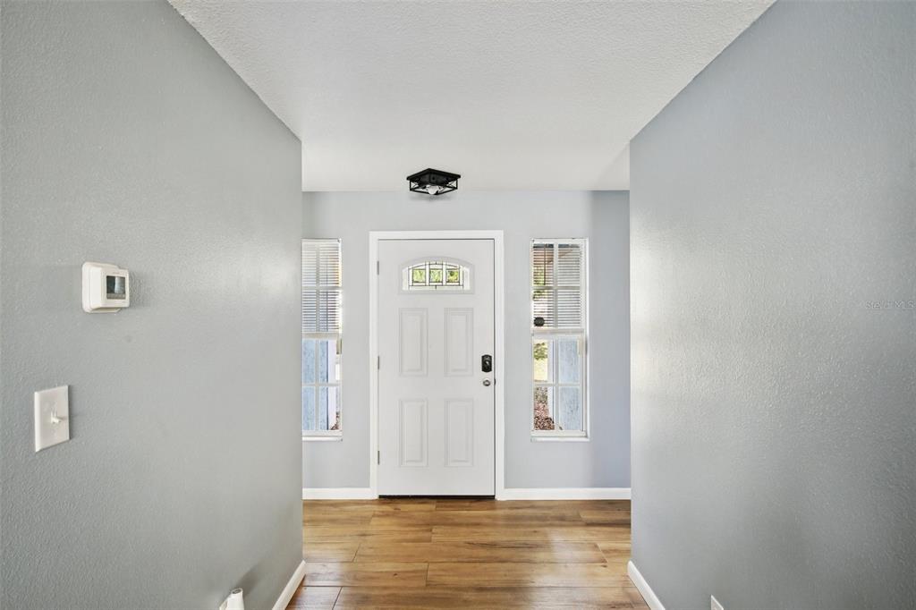 An entryway features light gray walls, wood-look flooring, a white front door, and two side windows — 3501 W REYNOLDS STREET, PLANT CITY, FL