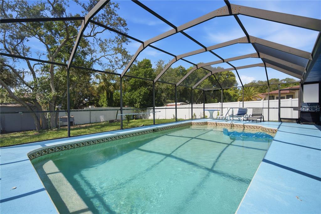 A swimming pool enclosed by a screened lanai with a blue painted deck — 11423 LINDEN DRIVE, SPRING HILL, FL