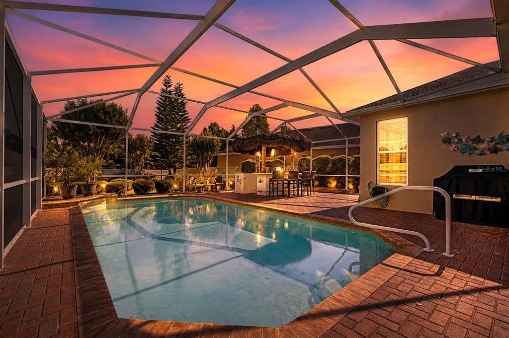 An outdoor tiki bar with thatched roofing and colorful LED lighting sits under a pool enclosure — 1016 KETZAL DRIVE, TRINITY, FL