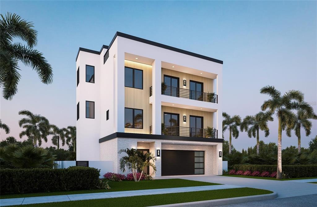 A digital rendering of a modern three-story home with a garage and two balconies — 302 176TH AVENUE CIRCLE, REDINGTON SHORES, FL