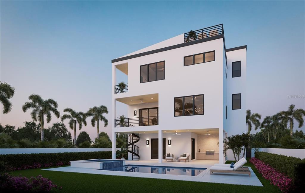 A digital rendering of a three-story modern house with a pool, patio, and spiral staircase — 302 176TH AVENUE CIRCLE, REDINGTON SHORES, FL