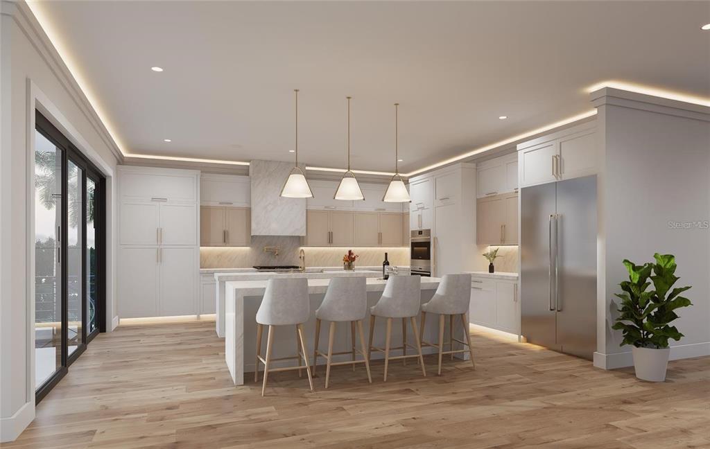This is a rendering of a modern kitchen featuring white cabinetry, a marble island, and stools — 302 176TH AVENUE CIRCLE, REDINGTON SHORES, FL