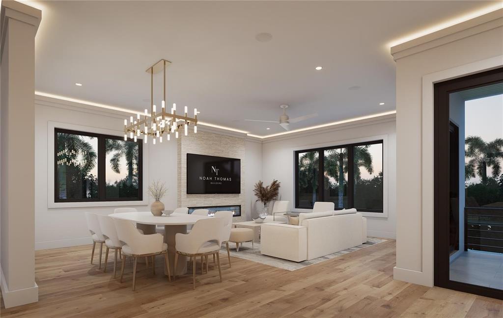 This rendering shows an open-concept living and dining area with a fireplace and modern lighting — 302 176TH AVENUE CIRCLE, REDINGTON SHORES, FL