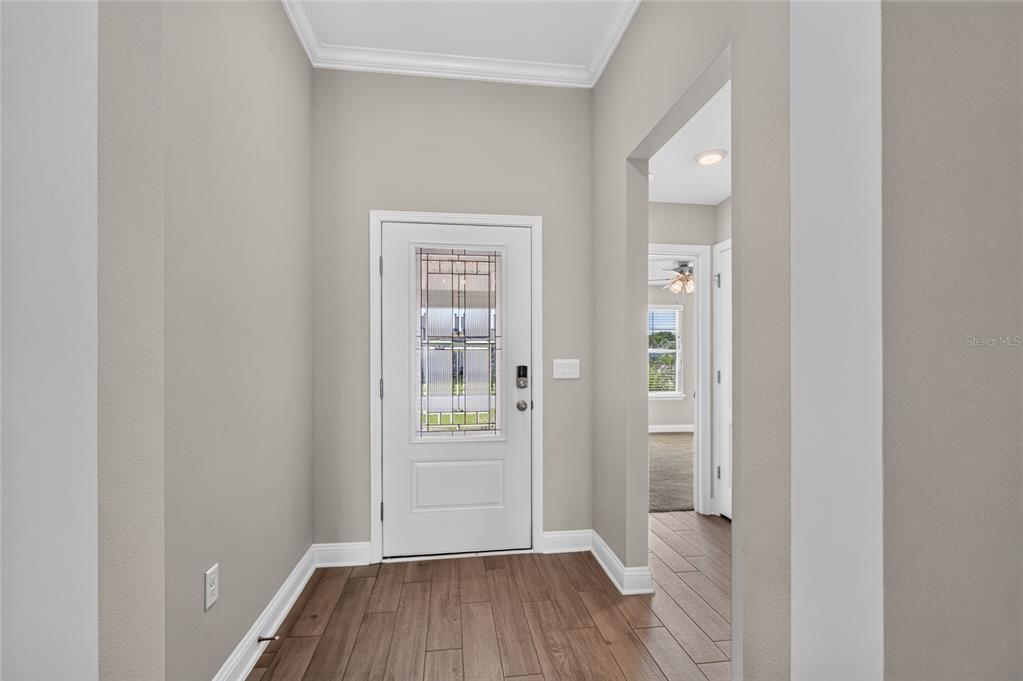 An entryway features a white front door with a glass insert and wood-look tile flooring — 23 PYRITE PLACE, ST AUGUSTINE, FL
