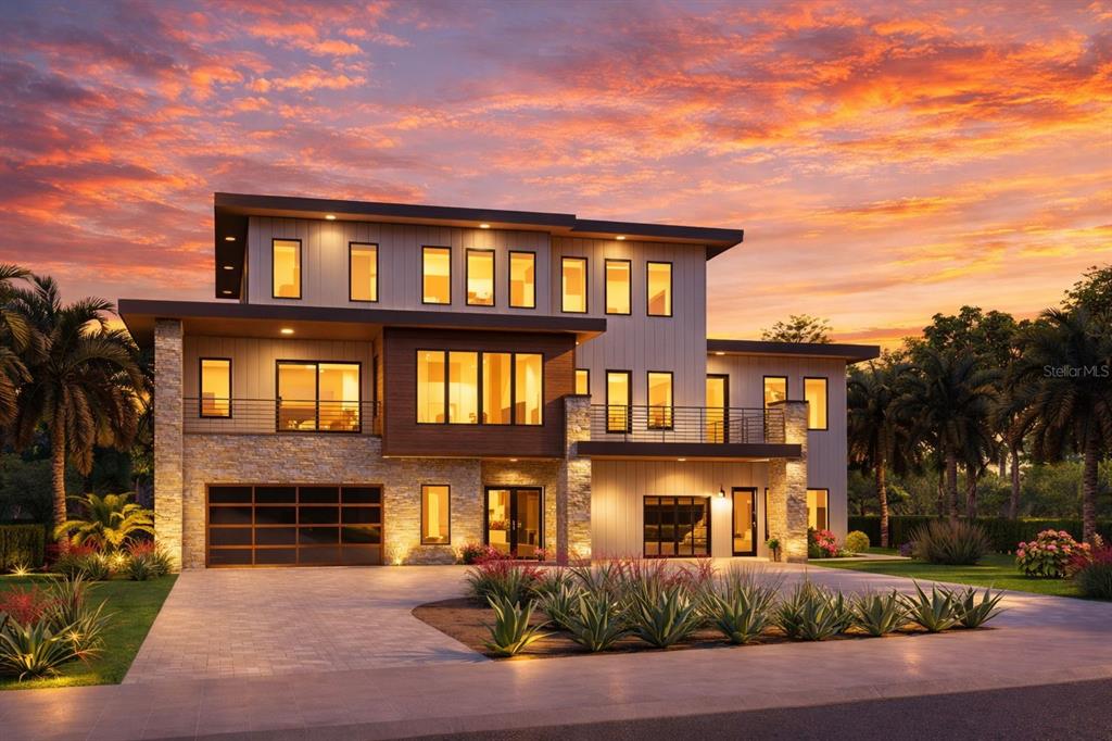 A digital rendering of a modern three-story house with stone accents and a paved driveway — 26 HARBORPOINTE DR, PORT RICHEY, FL