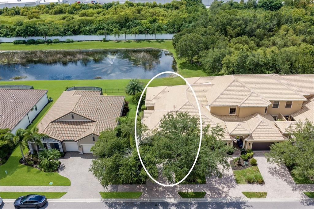An aerial view shows a residential street with houses, a pond with a fountain, and trees — 6123 25TH STREET E, ELLENTON, FL