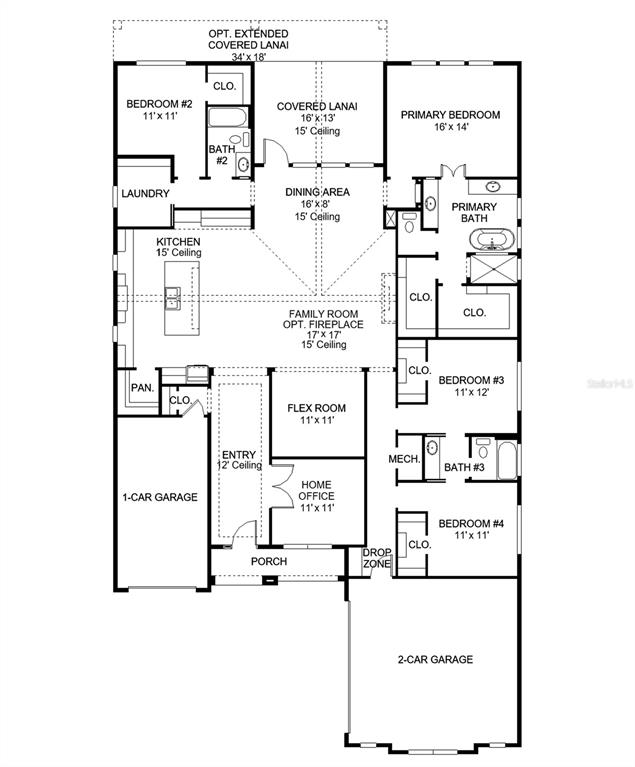 This is a floor plan for a single-story house with four bedrooms and three garages — 3182 SAILHOUSE DRIVE, ST CLOUD, FL