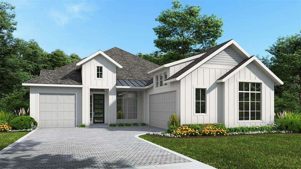 This is a digital rendering of a modern farmhouse-style home with white board-and-batten siding — 3182 SAILHOUSE DRIVE, ST CLOUD, FL