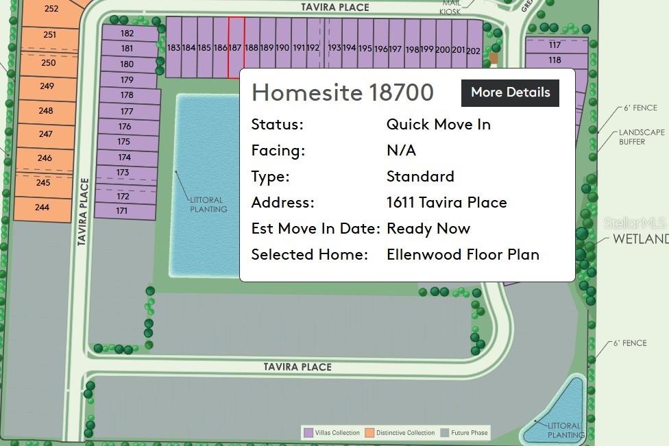 This is a site map showing residential lots, a pond, and a pop-up information box — 1611 TAVIRA PLACE, ENGLEWOOD, FL