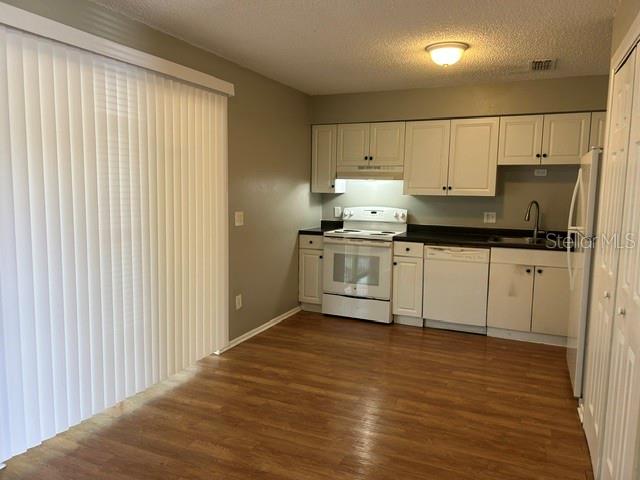 A kitchen with white cabinets, light-colored appliances, and wood-look flooring next to sliding glass doors — 6224 STANWIN DRIVE, APOPKA, FL