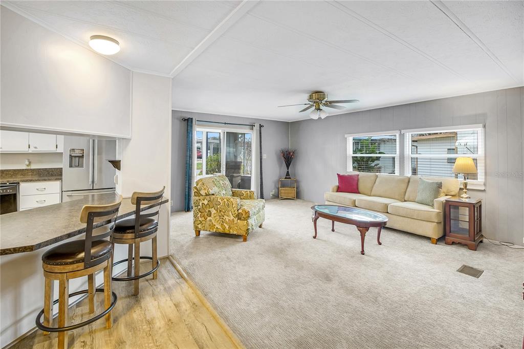 A living room with carpet, a beige sofa, a floral armchair, and a breakfast bar — 11 ORANGEWOOD DRIVE, FRUITLAND PARK, FL