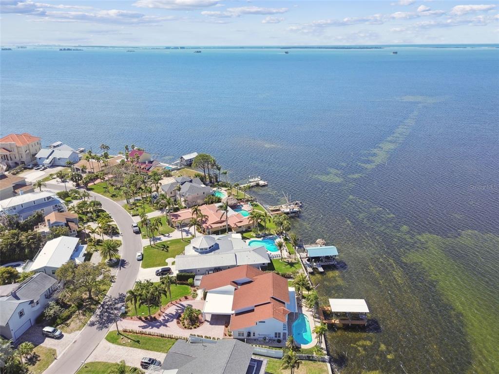An aerial view shows waterfront houses with swimming pools and private docks along a bay — 119 CARLYLE CIRCLE, PALM HARBOR, FL
