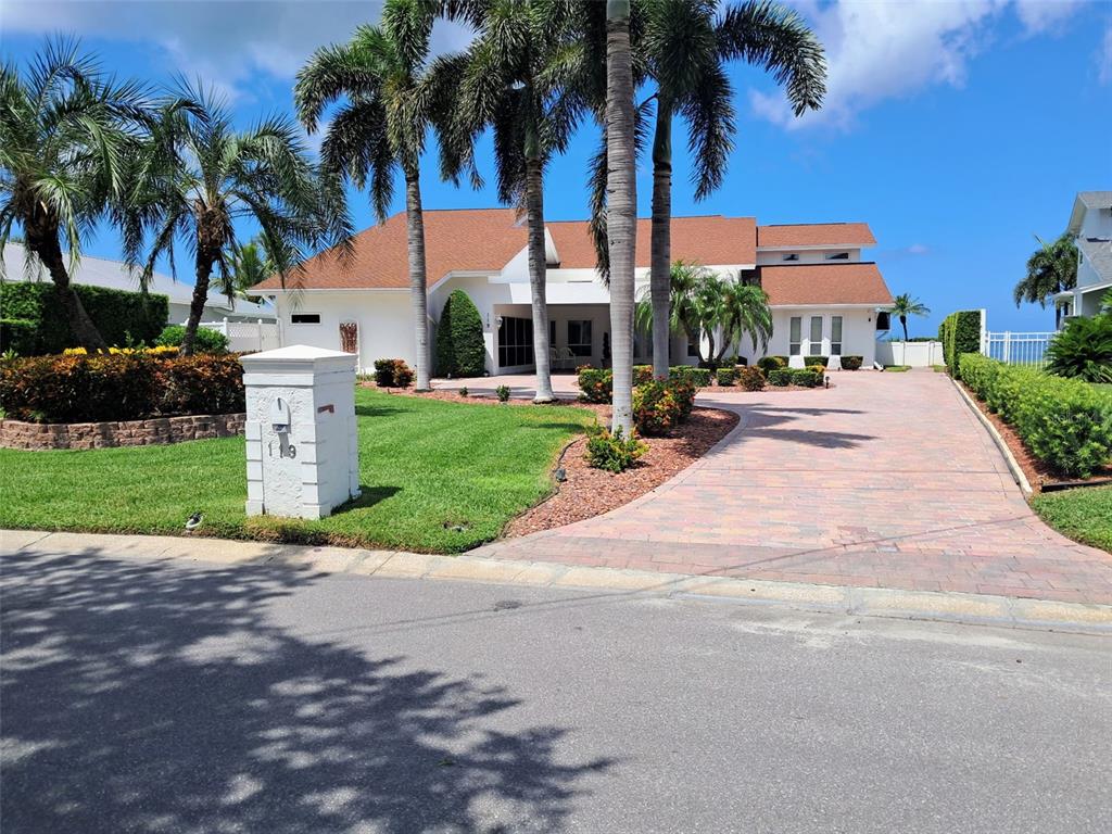 A white house with a brown roof and palm trees sits behind a paved driveway — 119 CARLYLE CIRCLE, PALM HARBOR, FL