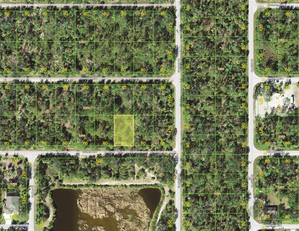 This is a satellite map showing a highlighted vacant residential lot in a wooded area — 18190 QUINCY AVENUE, PORT CHARLOTTE, FL