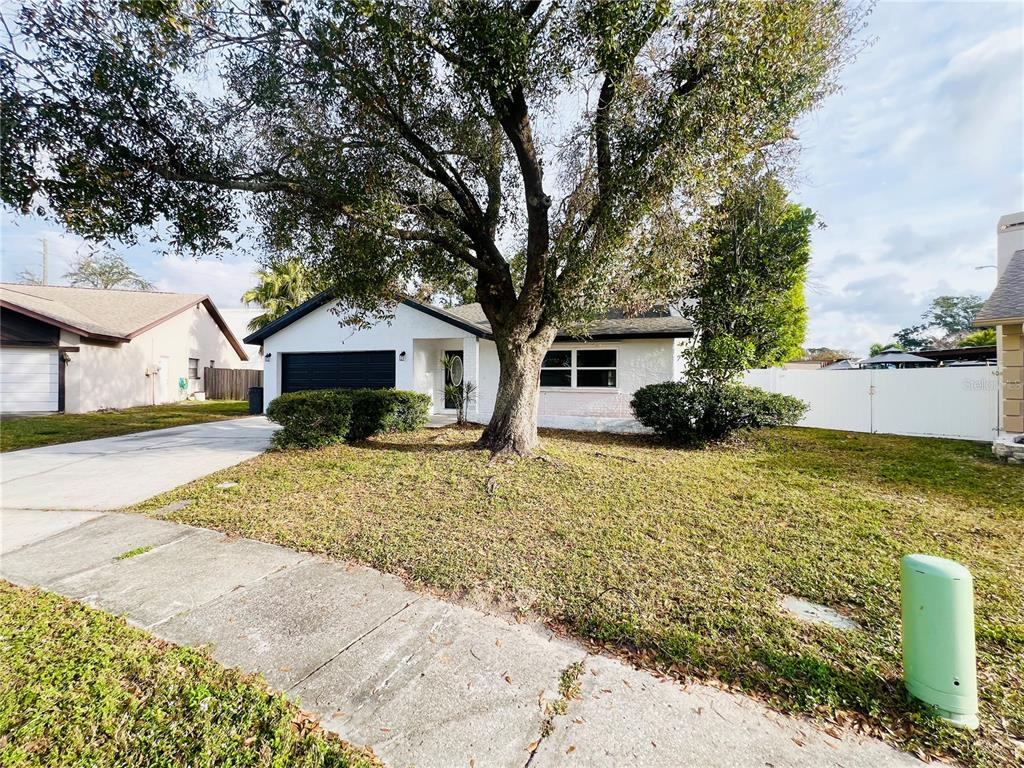 A single-story white house with a black garage door and a large tree in front — 12195 71ST WAY, LARGO, FL