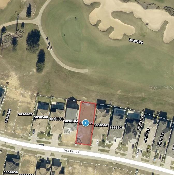 This is an aerial map showing a vacant residential lot outlined in red along a street — 15831 VETTA DRIVE, MONTVERDE, FL