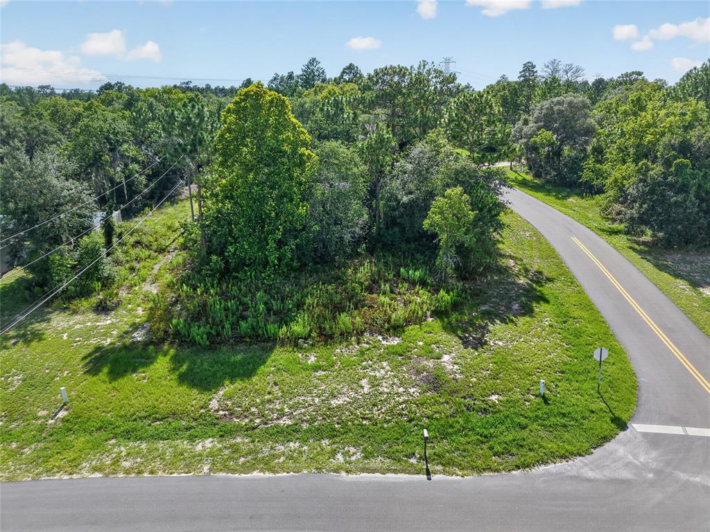 An aerial view of a vacant, wooded corner lot bordered by two paved roads — 0000 SW 155TH STREET ROAD, OCALA, FL