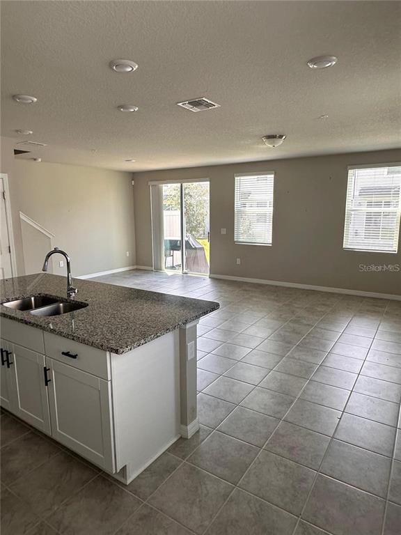 A kitchen island with a granite countertop and sink overlooks an open-concept living area — 2040 MILKWEED STREET, OCOEE, FL