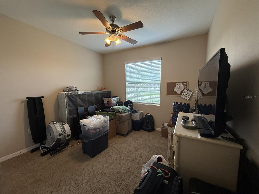 A bedroom with beige walls, carpeted flooring, a ceiling fan, and various storage items — 16418 WOODSIDE GLEN, PARRISH, FL