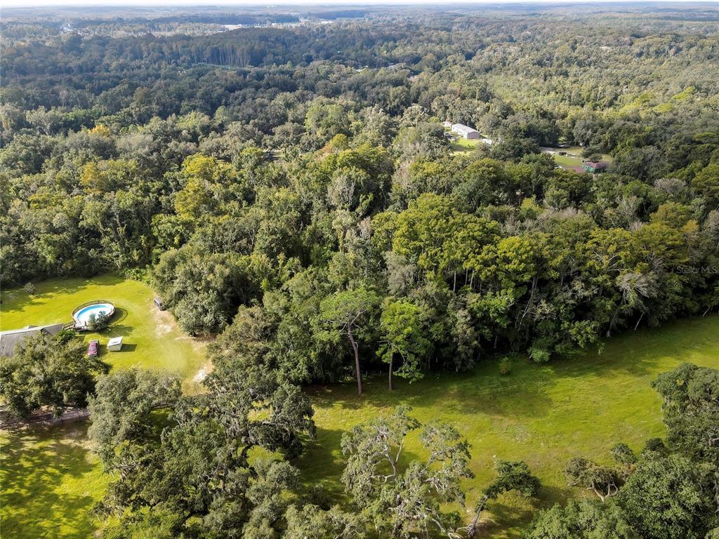 An aerial view shows a large grassy lot with a swimming pool and dense surrounding forest — 0 PALMER LANE, SPRING HILL, FL
