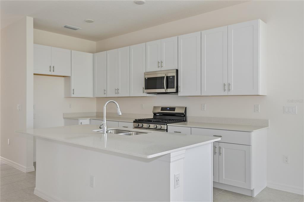 A modern kitchen features white cabinets, a large island with a sink, and stainless appliances — 9128 WILDLIGHT TRAIL, WILDWOOD, FL