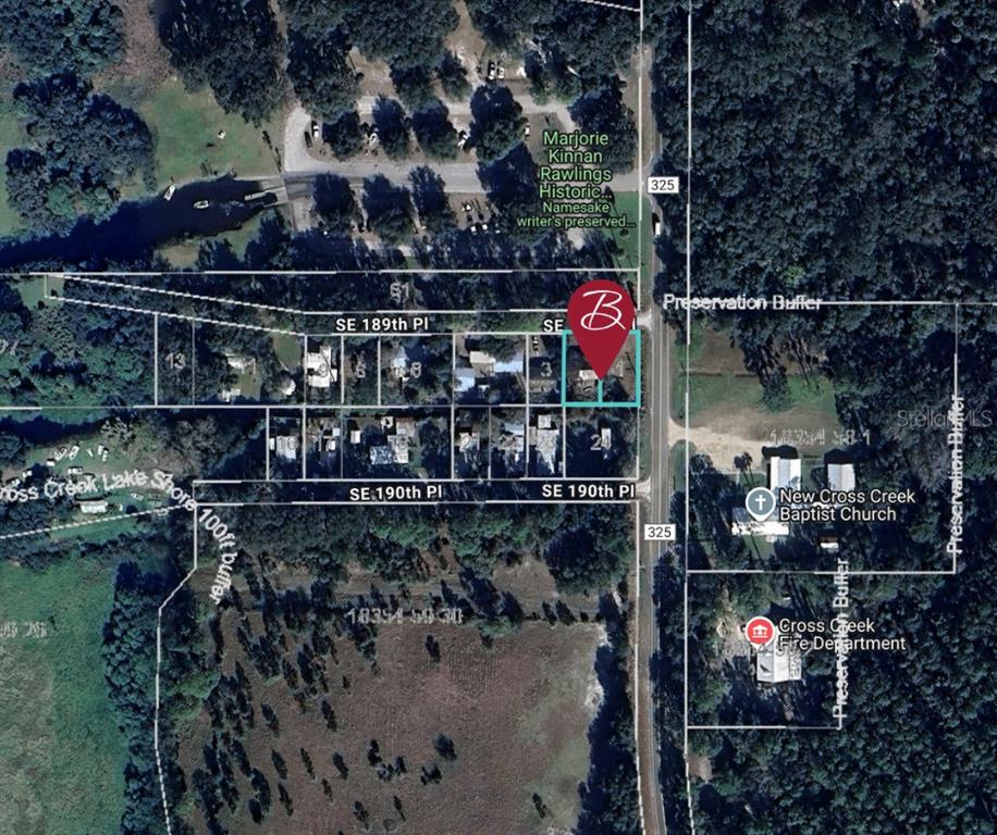 This aerial map shows a residential property highlighted in blue near a road and lake — 15031 SE 189TH PLACE, HAWTHORNE, FL