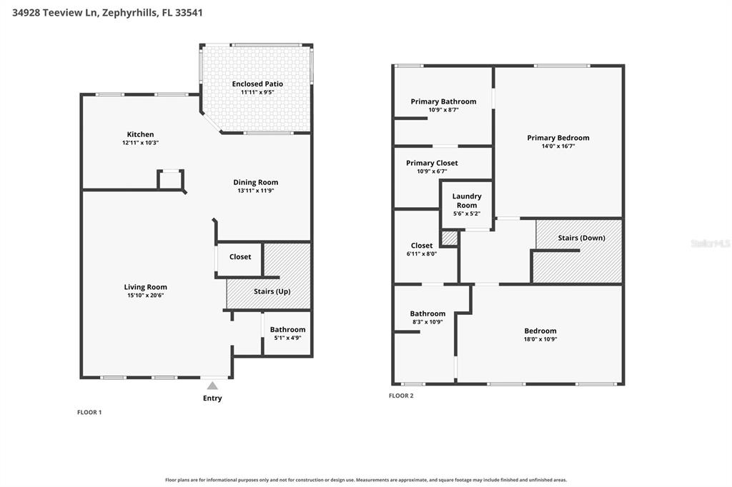 This is a two-story floor plan showing the layout of a residential home — 34928 TEEVIEW LANE, ZEPHYRHILLS, FL