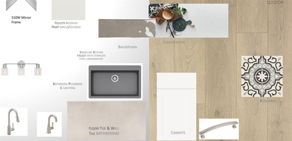 This is a design board rendering showing interior finishes, fixtures, and materials for a home — 7207 TIDELAND LANE, SARASOTA, FL