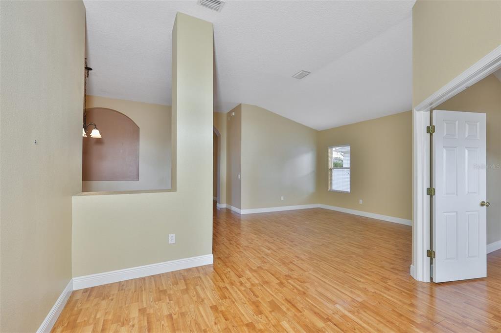 An empty room with light-colored walls, wood-look flooring, a partial wall, and a white door — 11813 STONEWOOD GATE DRIVE, RIVERVIEW, FL