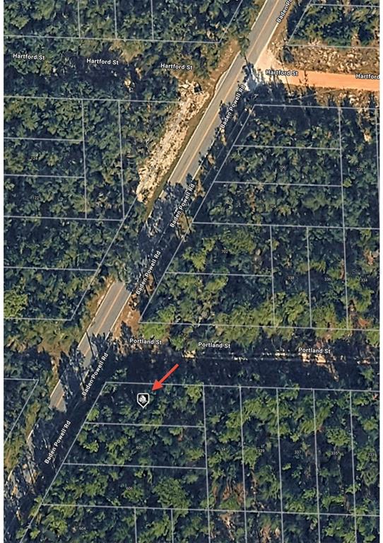 This is an aerial map view showing a wooded residential lot marked with a house icon — BADEN POWELL ROAD, HAWTHORNE, FL