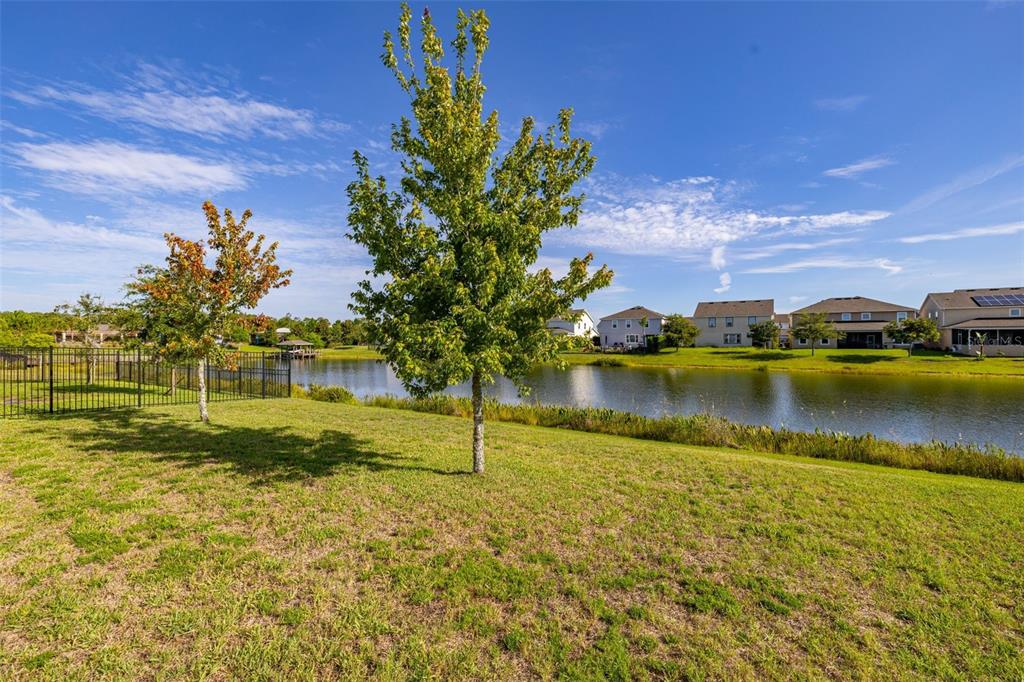 A grassy backyard overlooks a pond with houses in the background under a blue sky — 4935 CHASE COURT, ST CLOUD, FL
