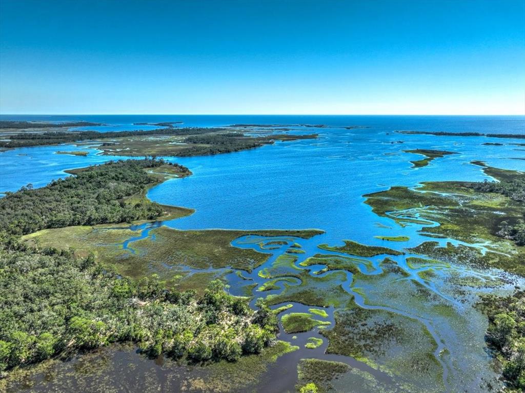 An aerial view shows a coastal landscape with marshlands, winding waterways, and dense forest — 00000 CLARK ISLAND, CEDAR KEY, FL