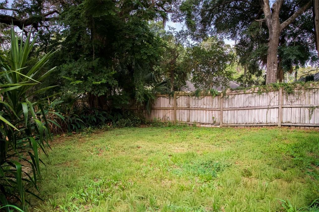 A grassy backyard features a wooden privacy fence surrounded by mature trees and foliage — 900 KENTUCKY BOULEVARD, EUSTIS, FL