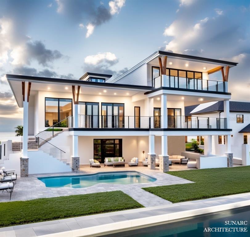 This architectural rendering shows a modern multi-story house with a pool and outdoor patio — 500 BELLE POINT DRIVE, ST PETE BEACH, FL