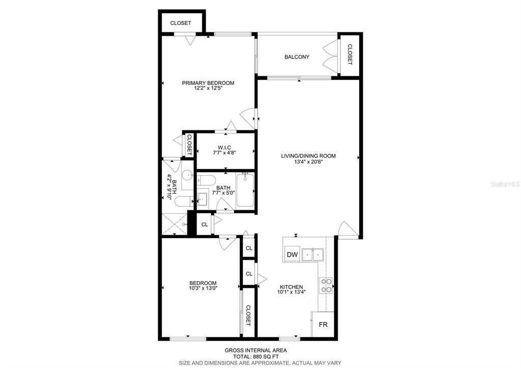 This is a floor plan for a two-bedroom apartment with a balcony and two bathrooms — 202 MEADOW LANE UNIT 50, OLDSMAR, FL
