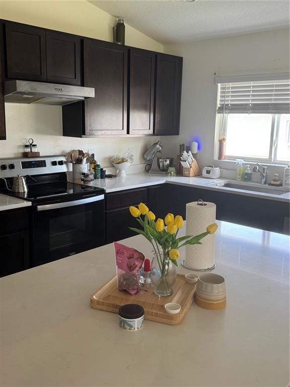 A kitchen features dark wood cabinets, white countertops, a central island, and stainless steel appliances — 1459 GERANIUM DRIVE, MASCOTTE, FL