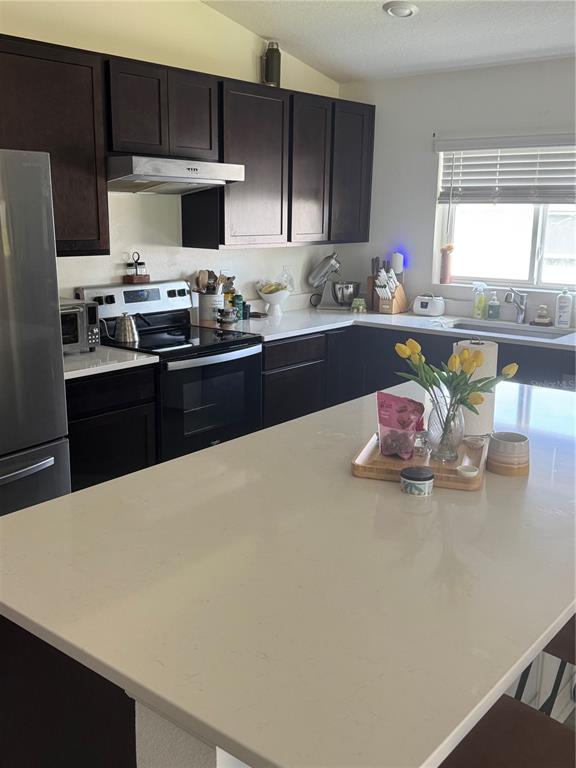 A kitchen features dark wood cabinets, a large white island, and stainless steel appliances — 1459 GERANIUM DRIVE, MASCOTTE, FL