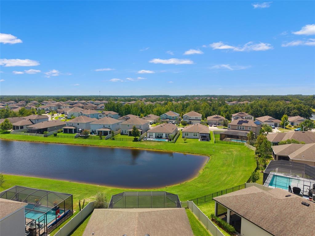 An aerial view shows a suburban neighborhood with houses surrounding a central retention pond — 30908 PARROT REEF COURT, WESLEY CHAPEL, FL