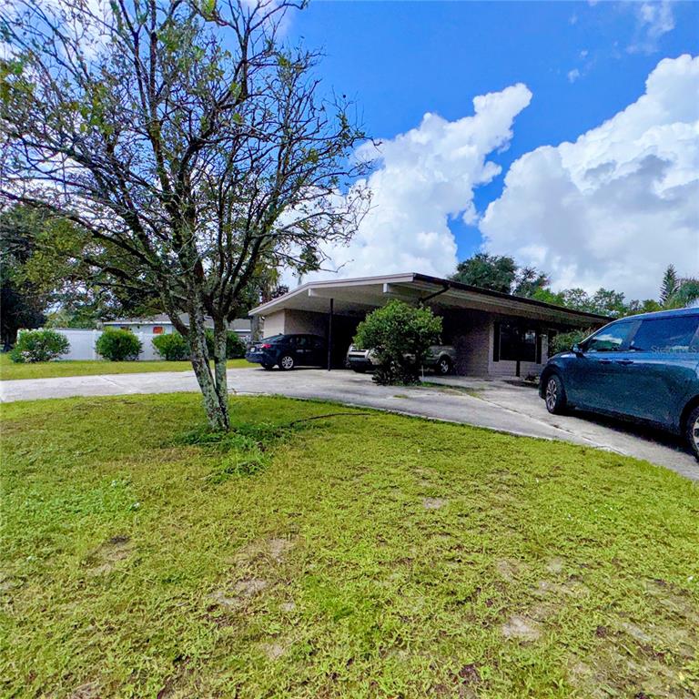 A single-story house with a carport and a large tree in the front yard — 105 DRUID HILLS ROAD, TEMPLE TERRACE, FL