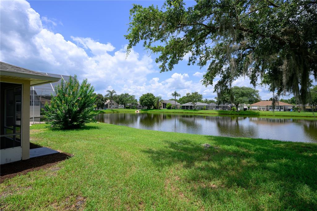 A grassy backyard overlooks a pond with houses in the background under a blue sky — 1712 ARASH CIRCLE, PORT ORANGE, FL