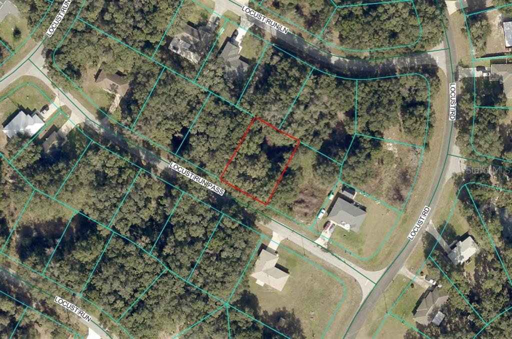This aerial map shows a vacant, wooded residential lot outlined in red on a street — LOCUST RUN PASS, OCALA, FL